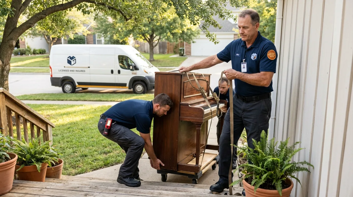 Licensed piano movers securing grand piano in Saint Clair Shores, MI