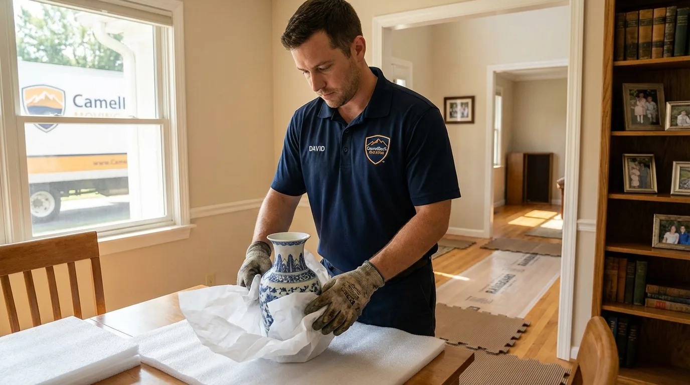 Professional crew carefully wrapping antique vase for senior downsizing move in Saint Clair Shores, MI